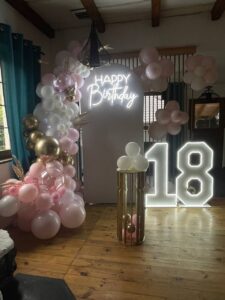 Ścianka na 18-tkę z neonem “Happy Birthday”
