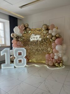 Ścianka na 18-tkę z neonem “Happy Birthday” i dużymi cyframi LED